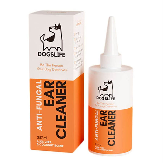 Dog's Life Anti-Fungal Ear Cleaner with natural ingredients for dogs, featuring aloe vera and coconut scent, 237ml bottle.