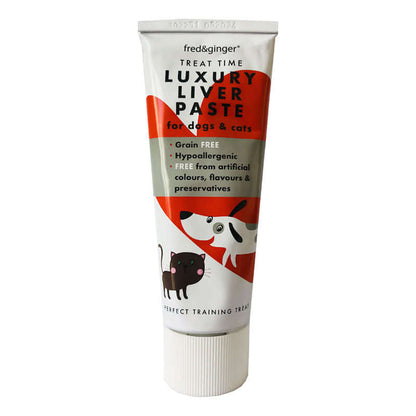 Fred & Ginger luxury liver paste for dogs and cats, 75g tube, grain-free and hypoallergenic pet treat.