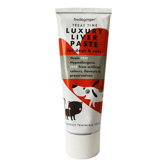 Fred & Ginger luxury liver paste for dogs and cats, 75g tube, grain-free and hypoallergenic pet treat.