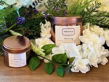 Mollie Browns pet friendly scented candles with floral arrangement, made from natural soy wax and pure essential oils.