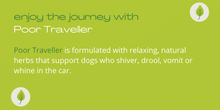 "Poor Traveller travel sickness tablets for dogs with natural herbs to ease car journey discomfort"