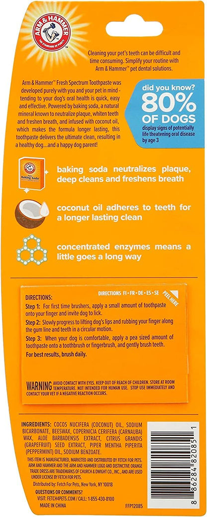 Arm & Hammer Fresh Spectrum Dog Toothpaste packaging showing ingredients and benefits for dental health.