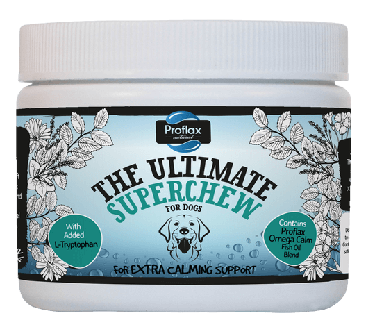 Proflax Calming Superchew soft treats for dogs with L-Tryptophan and Omega Calm fish oil for extra calming support.