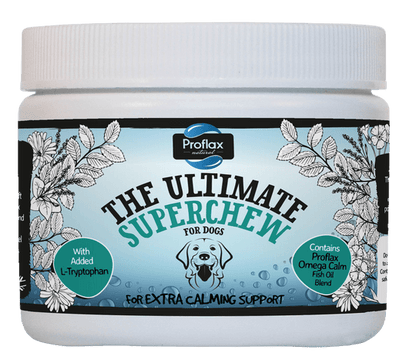 Proflax Calming Superchew soft treats for dogs with L-Tryptophan and Omega Calm fish oil for extra calming support.