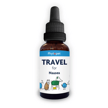 Travel for Dogs herbal remedy bottle designed to alleviate travel sickness in pets.