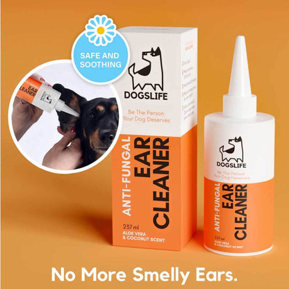 Dog's Life Anti-Fungal Ear Cleaner with Aloe Vera & Coconut scent for healthy, itch-free ears. Natural ear cleaner for dogs.