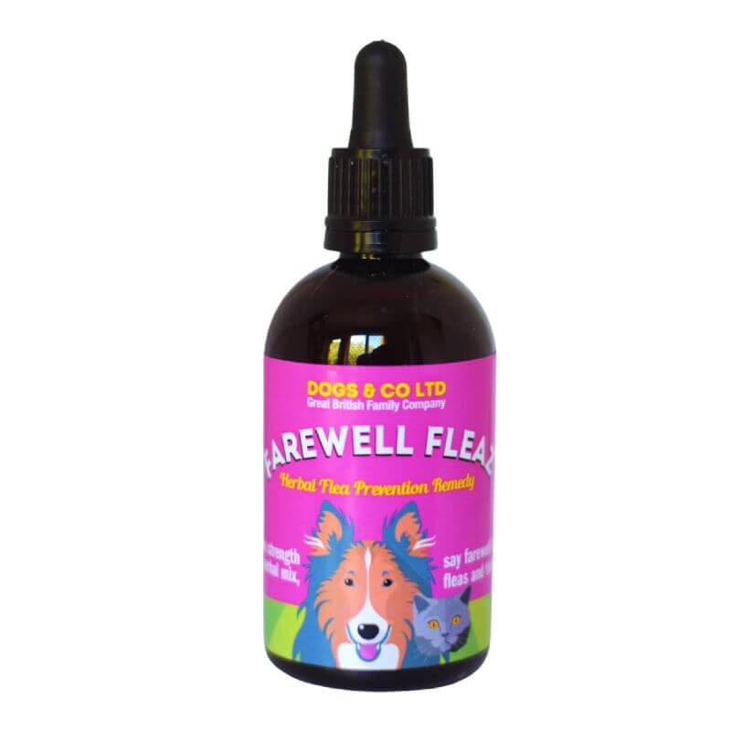 "Farewell Fleaz natural flea treatment bottle for dogs and cats"