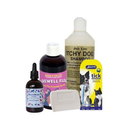 Flea and Worm All in One pack with natural remedies, shampoo, flea comb, and tick remover for dogs.