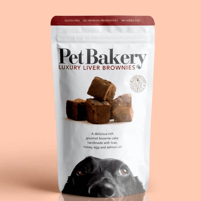 Pet Bakery Luxury Liver Brownies 190g package with gourmet dog treats, gluten-free, no preservatives, and handmade in Northern Ireland.