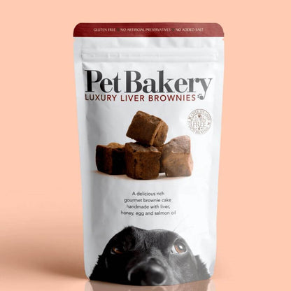 Pet Bakery Luxury Liver Brownies 190g package with gourmet dog treats, gluten-free, no preservatives, and handmade in Northern Ireland.