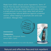 Verm-X Natural Flea & Tick Powder for dogs with herbal ingredients, measuring scoop included, allergen-free, long-lasting protection.