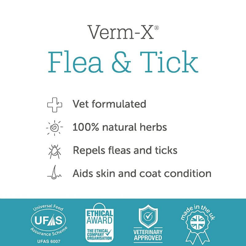 Verm-X Flea & Tick Powder features natural herbs, repels fleas and ticks, and supports skin and coat; made in the UK.