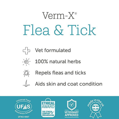 Verm-X Flea & Tick Powder features natural herbs, repels fleas and ticks, and supports skin and coat; made in the UK.