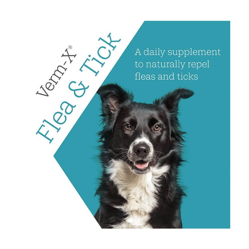 Black and white dog with Verm-X Natural Flea & Tick Powder packaging for natural flea and tick repellent.